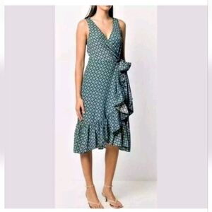 Tory Burch Logo Medallion Batik Print Ruffle Wrap Boho Green Blue Dress